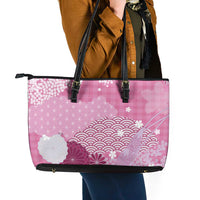 Pink Palaka Japanese Patterns Leather Tote Bag Asanoha Seigaiha Sakura Motif - Polynesian Pride