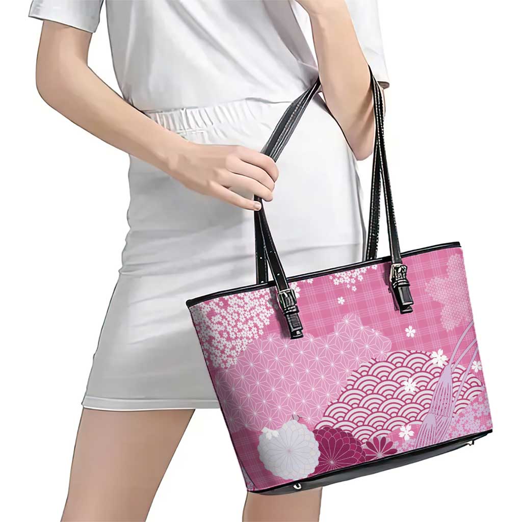 Pink Palaka Japanese Patterns Leather Tote Bag Asanoha Seigaiha Sakura Motif - Polynesian Pride