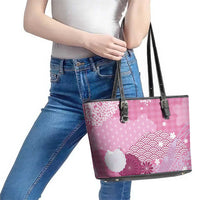 Pink Palaka Japanese Patterns Leather Tote Bag Asanoha Seigaiha Sakura Motif - Polynesian Pride