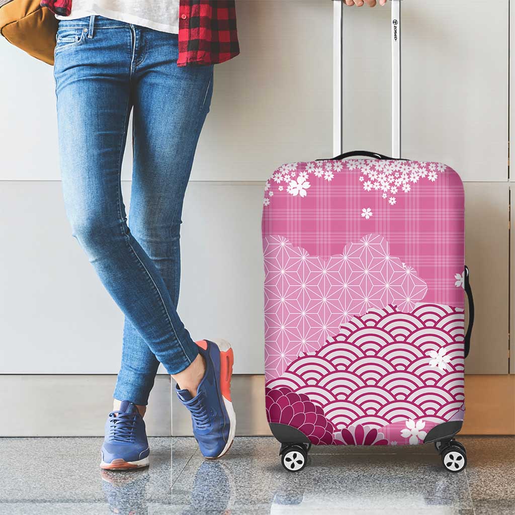 Pink Palaka Japanese Patterns Luggage Cover Asanoha Seigaiha Sakura Motif - Polynesian Pride