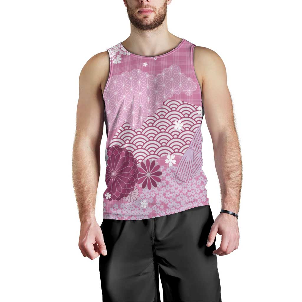 Pink Palaka Japanese Patterns Men Tank Top Asanoha Seigaiha Sakura Motif LT14 - Polynesian Pride