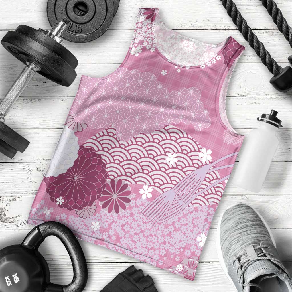 Pink Palaka Japanese Patterns Men Tank Top Asanoha Seigaiha Sakura Motif LT14 - Polynesian Pride