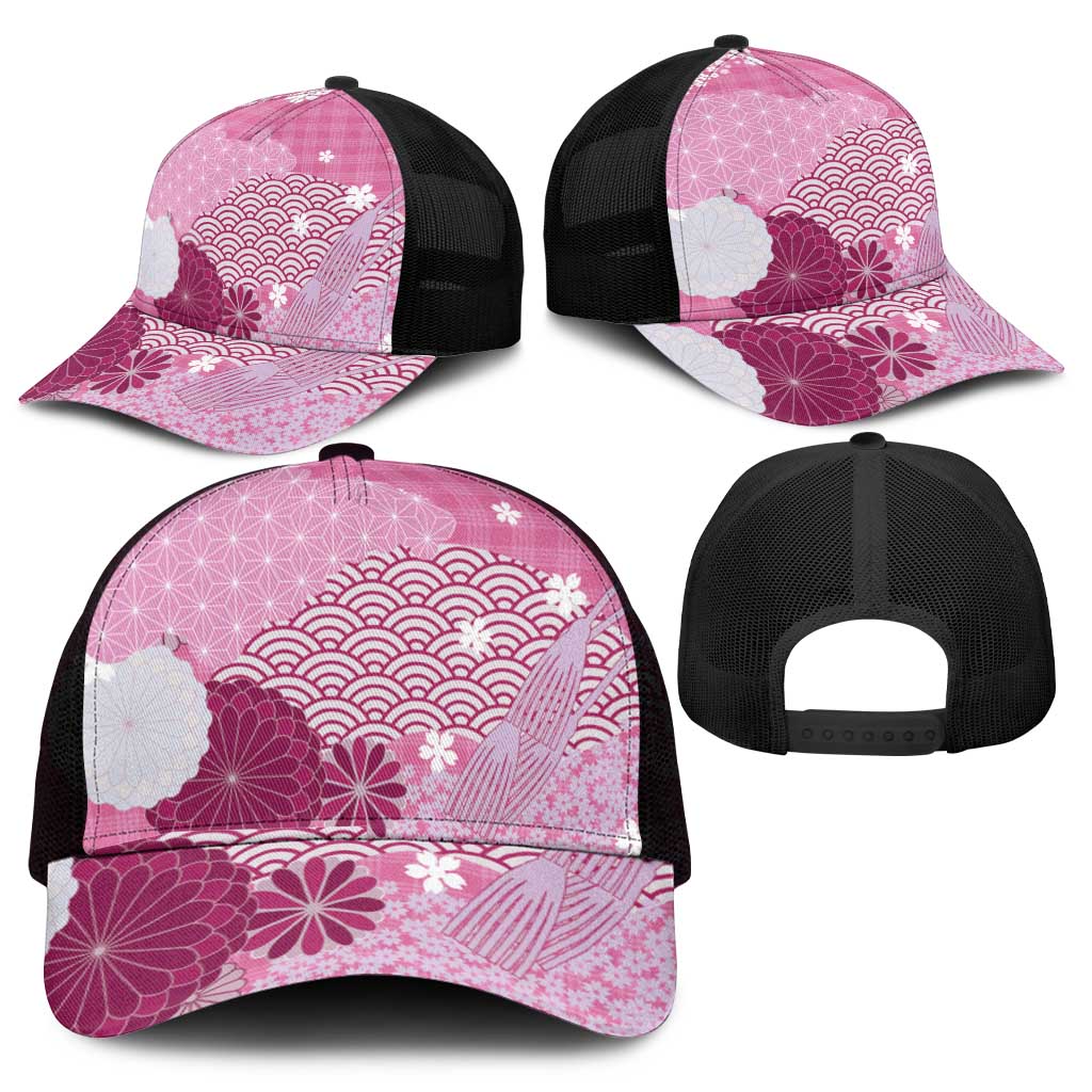 Pink Japanese Traditional Motifs Mesh Trucker Cap Palaka With Asanoha Seigaiha Sakura - Polynesian Pride