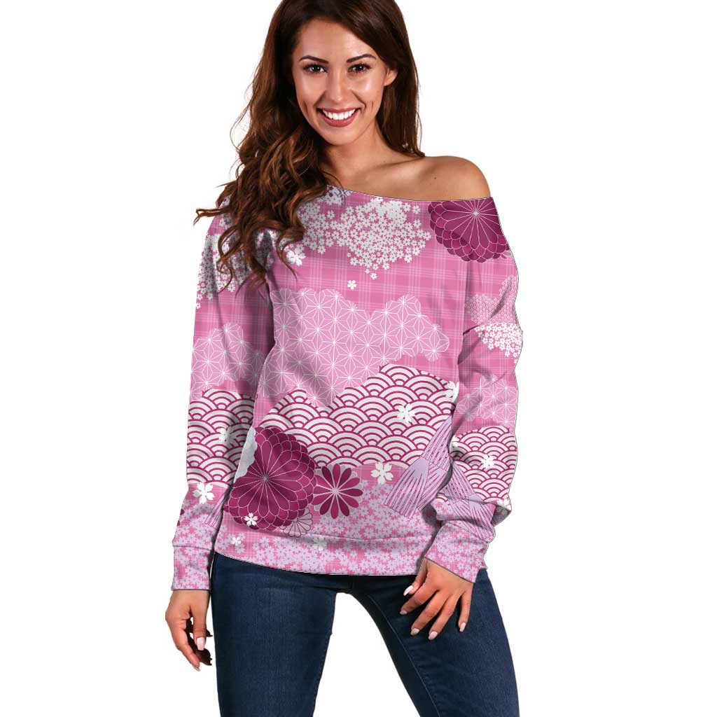 Pink Palaka Japanese Patterns Off Shoulder Sweater Asanoha Seigaiha Sakura Motif - Polynesian Pride