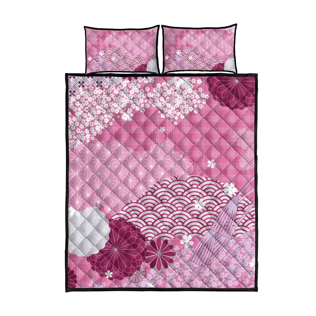 Pink Palaka Japanese Patterns Quilt Bed Set Asanoha Seigaiha Sakura Motif - Polynesian Pride