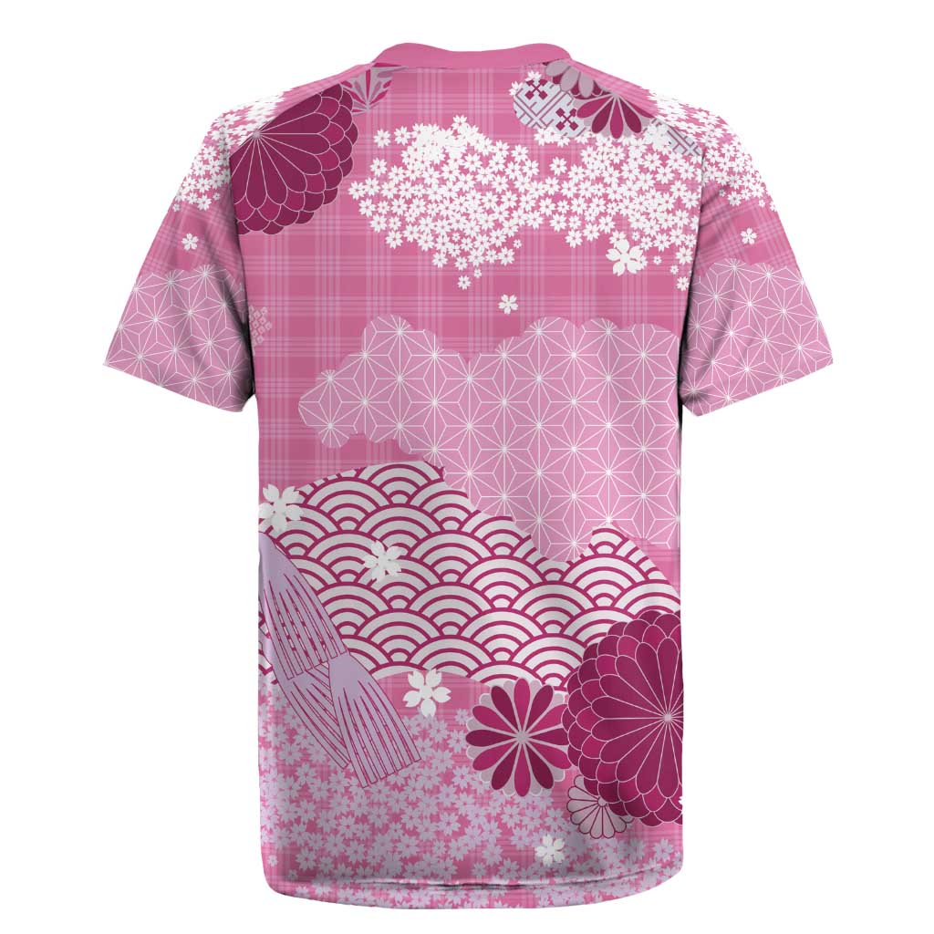 Pink Palaka Japanese Patterns Rugby Jersey Asanoha Seigaiha Sakura Motif - Polynesian Pride