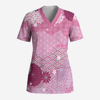 Pink Palaka Japanese Patterns Scrub Top Asanoha Seigaiha Sakura Motif LT14 Adult Pink - Polynesian Pride