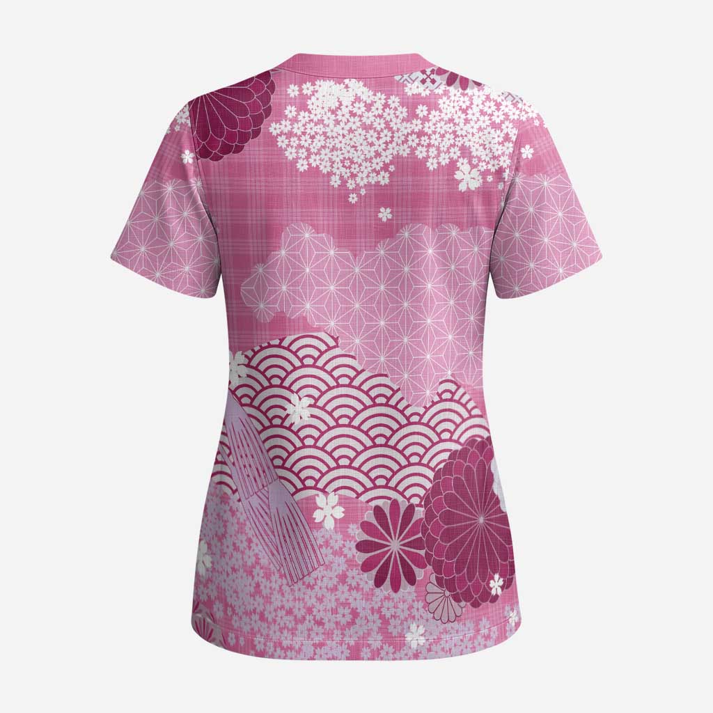 Pink Palaka Japanese Patterns Scrub Top Asanoha Seigaiha Sakura Motif LT14 - Polynesian Pride