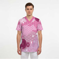 Pink Palaka Japanese Patterns Scrub Top Asanoha Seigaiha Sakura Motif LT14 - Polynesian Pride