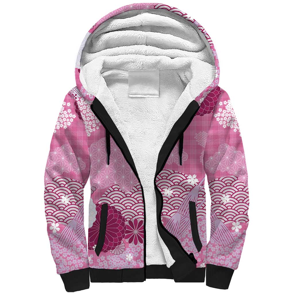 Pink Palaka Japanese Patterns Sherpa Hoodie Asanoha Seigaiha Sakura Motif - Polynesian Pride