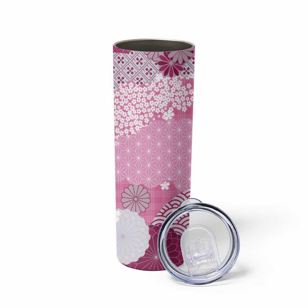 Pink Palaka Japanese Patterns Skinny Tumbler Asanoha Seigaiha Sakura Motif - Polynesian Pride