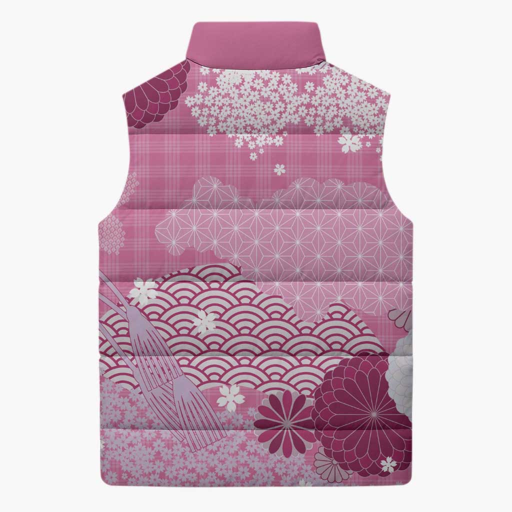 Pink Palaka Japanese Patterns Sleeveless Puffer Jacket Asanoha Seigaiha Sakura Motif - Polynesian Pride