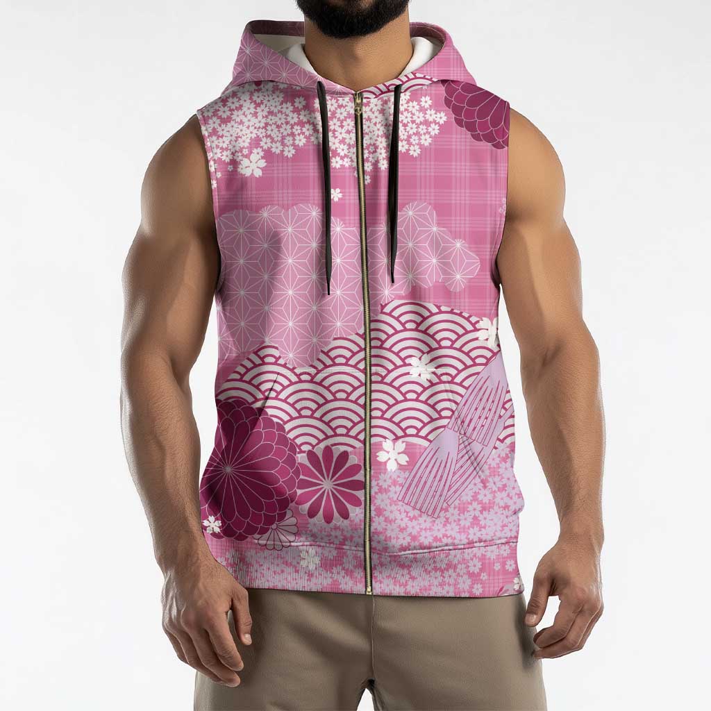 Pink Palaka Japanese Patterns Sleeveless Zip Hoodie Asanoha Seigaiha Sakura Motif - Polynesian Pride