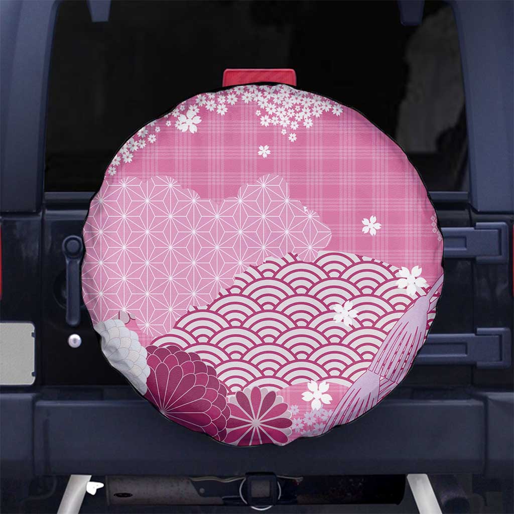 Pink Palaka Japanese Patterns Spare Tire Cover Asanoha Seigaiha Sakura Motif - Polynesian Pride