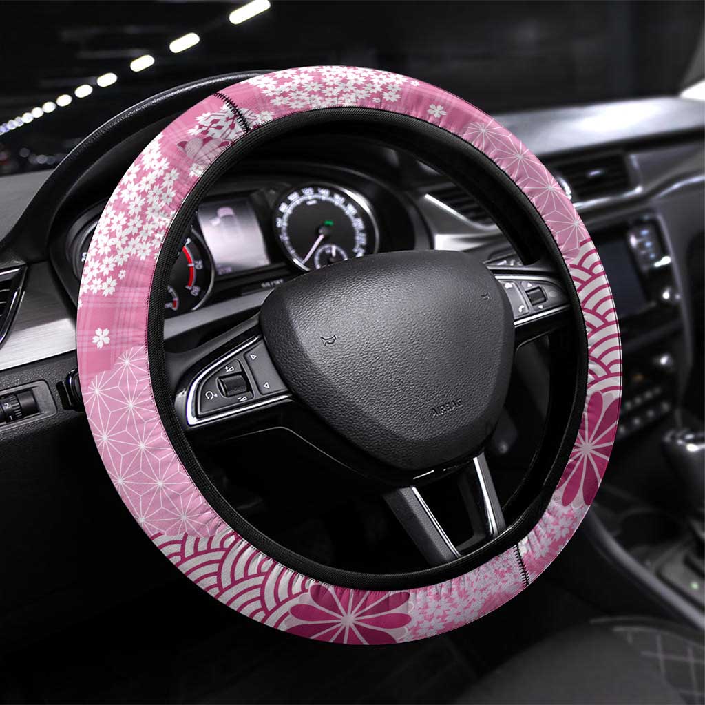 Pink Palaka Japanese Patterns Steering Wheel Cover Asanoha Seigaiha Sakura Motif - Polynesian Pride