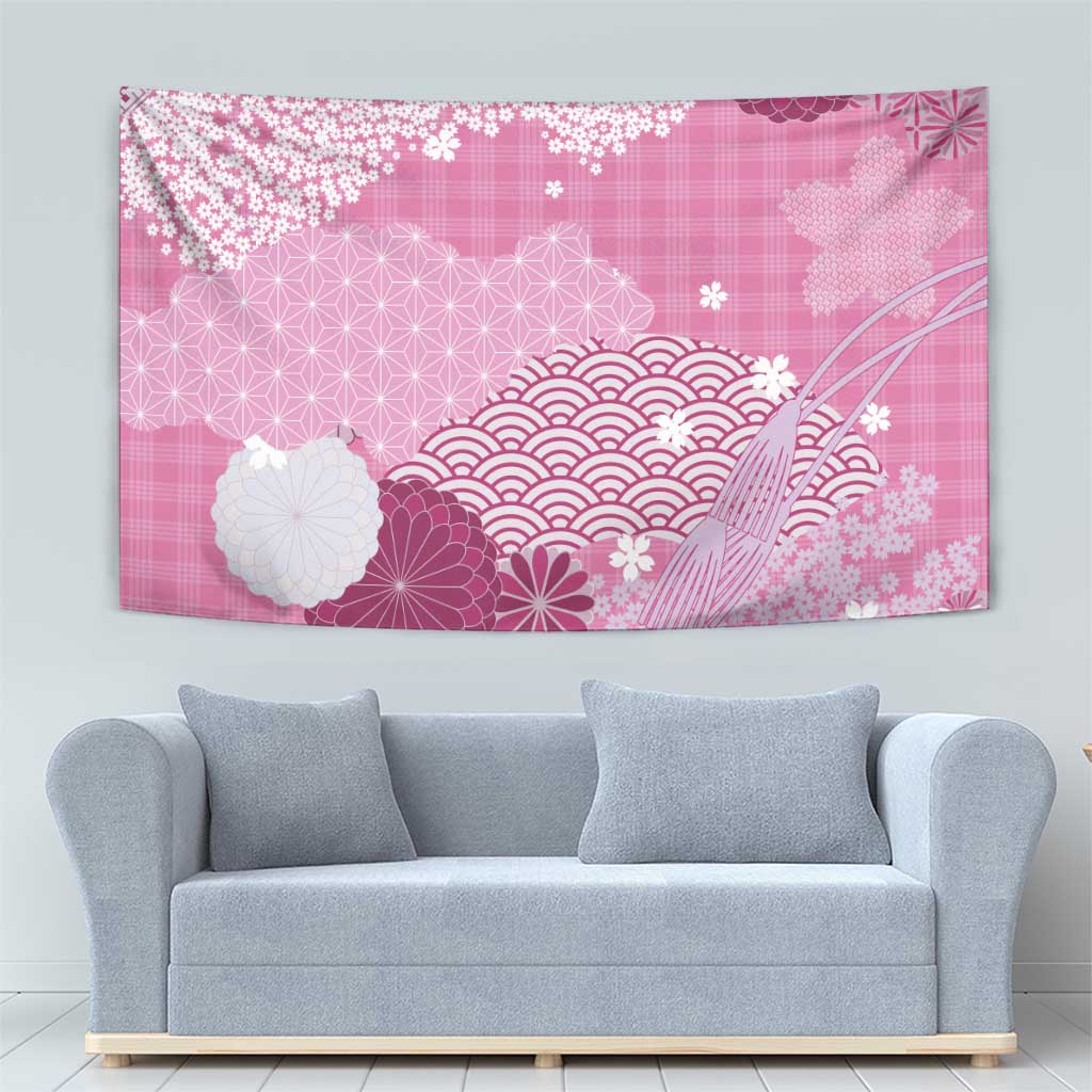 Pink Palaka Japanese Patterns Tapestry Asanoha Seigaiha Sakura Motif - Polynesian Pride