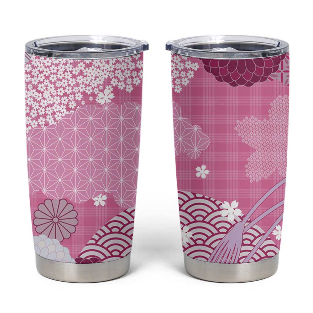 Pink Palaka Japanese Patterns Tumbler Cup Asanoha Seigaiha Sakura Motif - Polynesian Pride