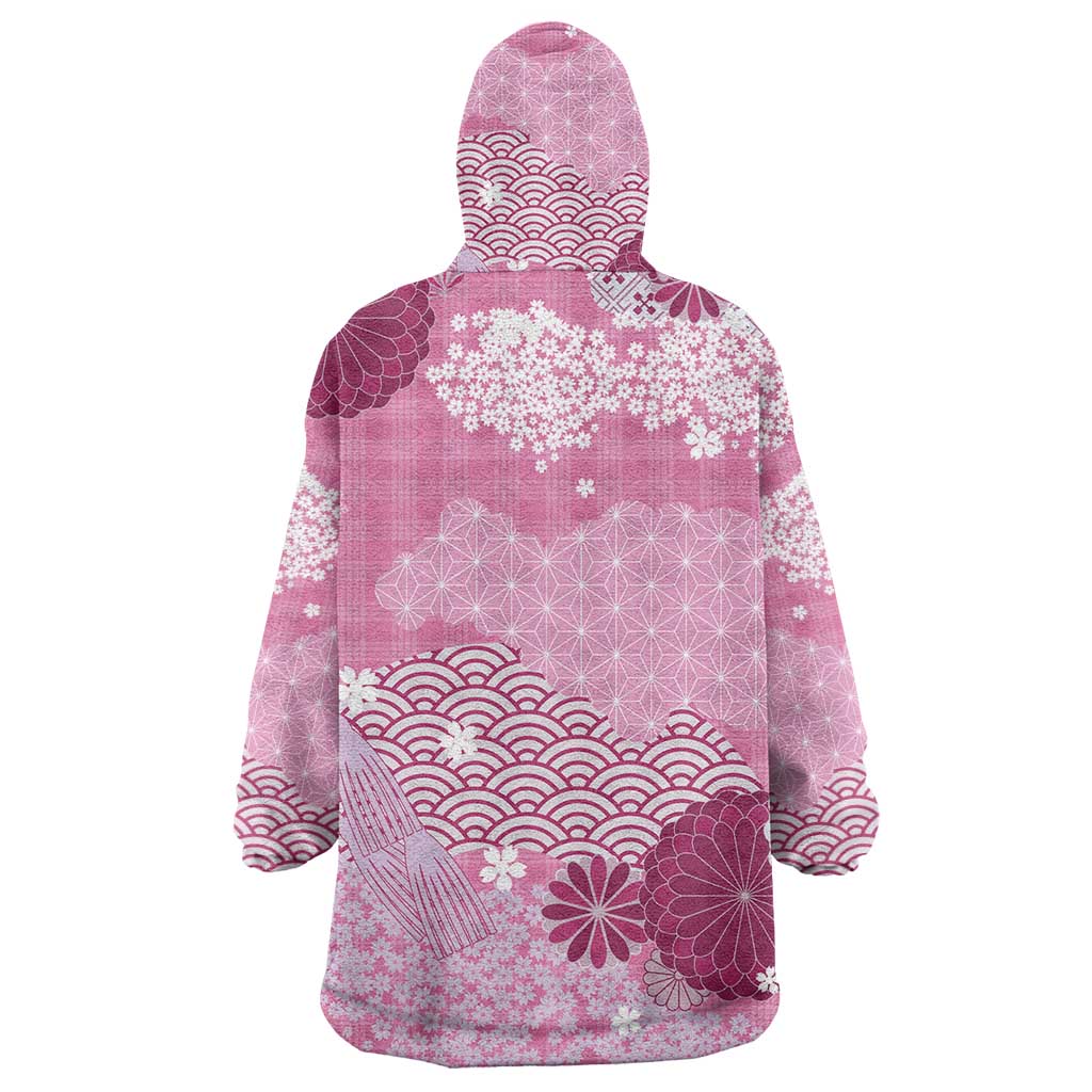 Pink Palaka Japanese Patterns Wearable Blanket Hoodie Asanoha Seigaiha Sakura Motif - Polynesian Pride