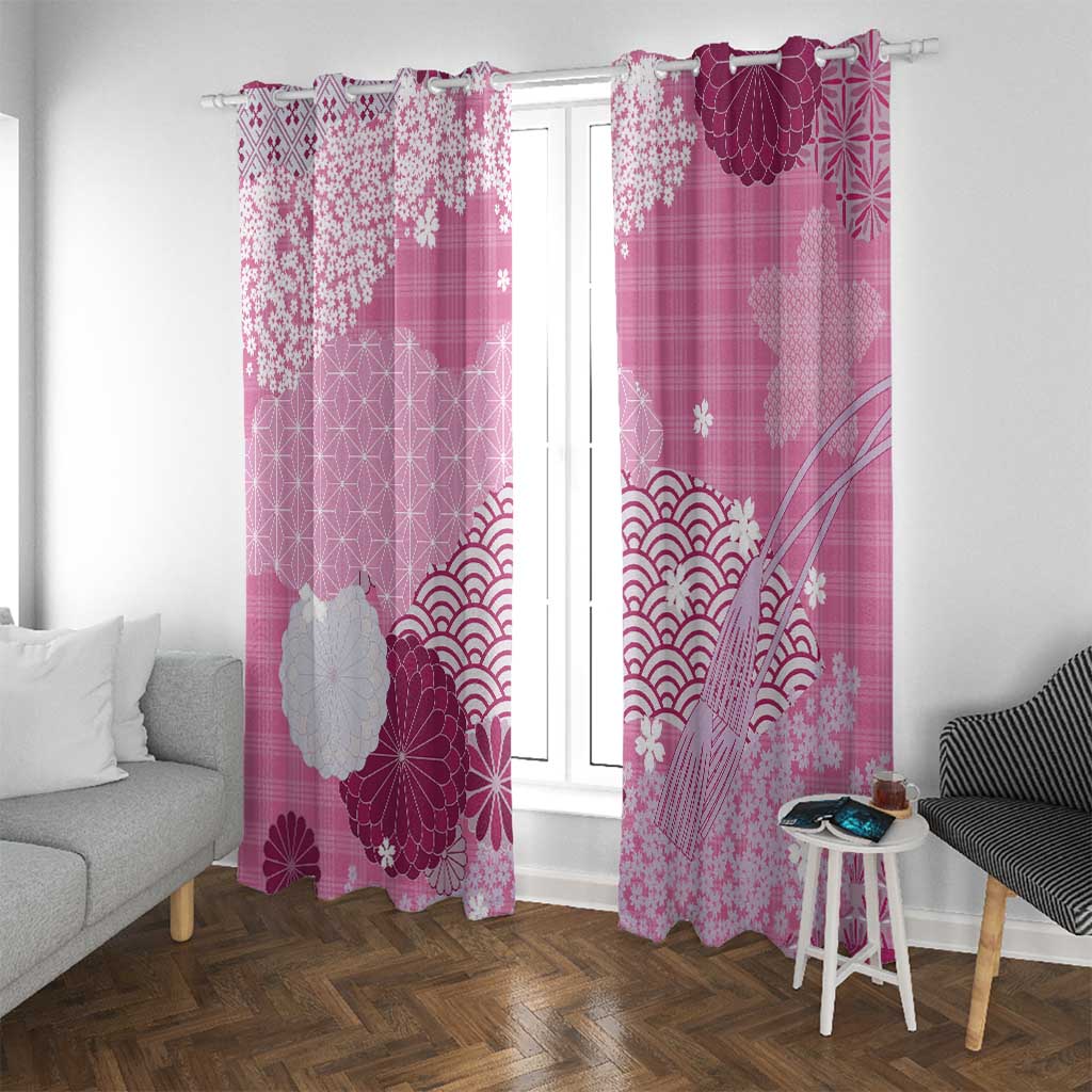Pink Palaka Japanese Patterns Window Curtain Asanoha Seigaiha Sakura Motif - Polynesian Pride