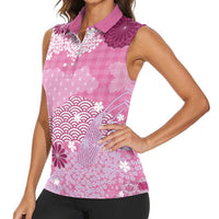 Pink Palaka Japanese Patterns Women Sleeveless Polo Shirt Asanoha Seigaiha Sakura Motif - Polynesian Pride