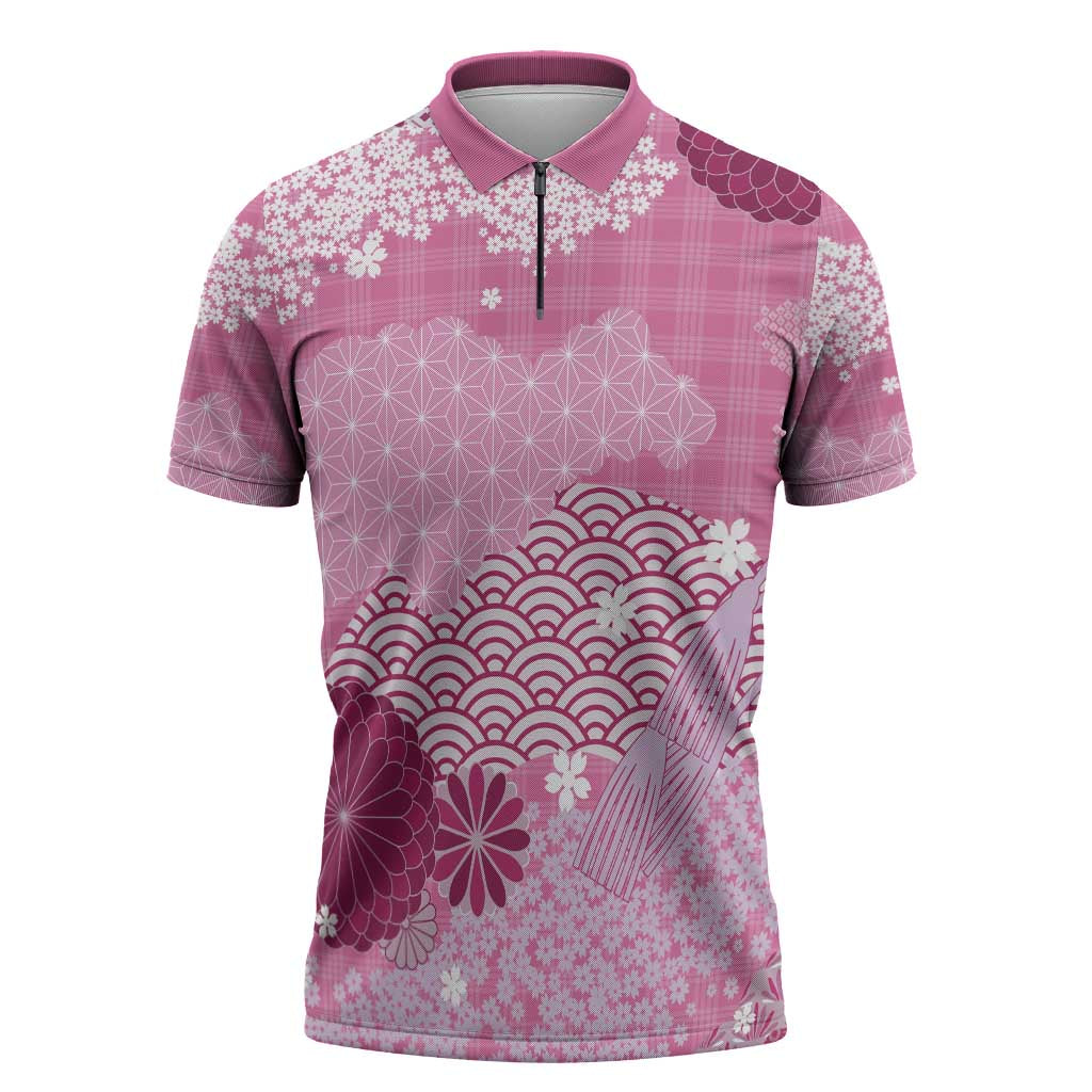 Pink Palaka Japanese Patterns Zipper Polo Shirt Asanoha Seigaiha Sakura Motif - Polynesian Pride