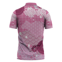 Pink Palaka Japanese Patterns Zipper Polo Shirt Asanoha Seigaiha Sakura Motif - Polynesian Pride