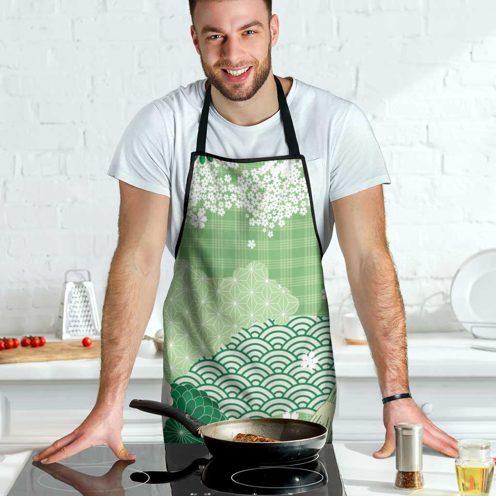 Green Palaka Japanese Patterns Apron Asanoha Seigaiha Sakura Motif - Polynesian Pride