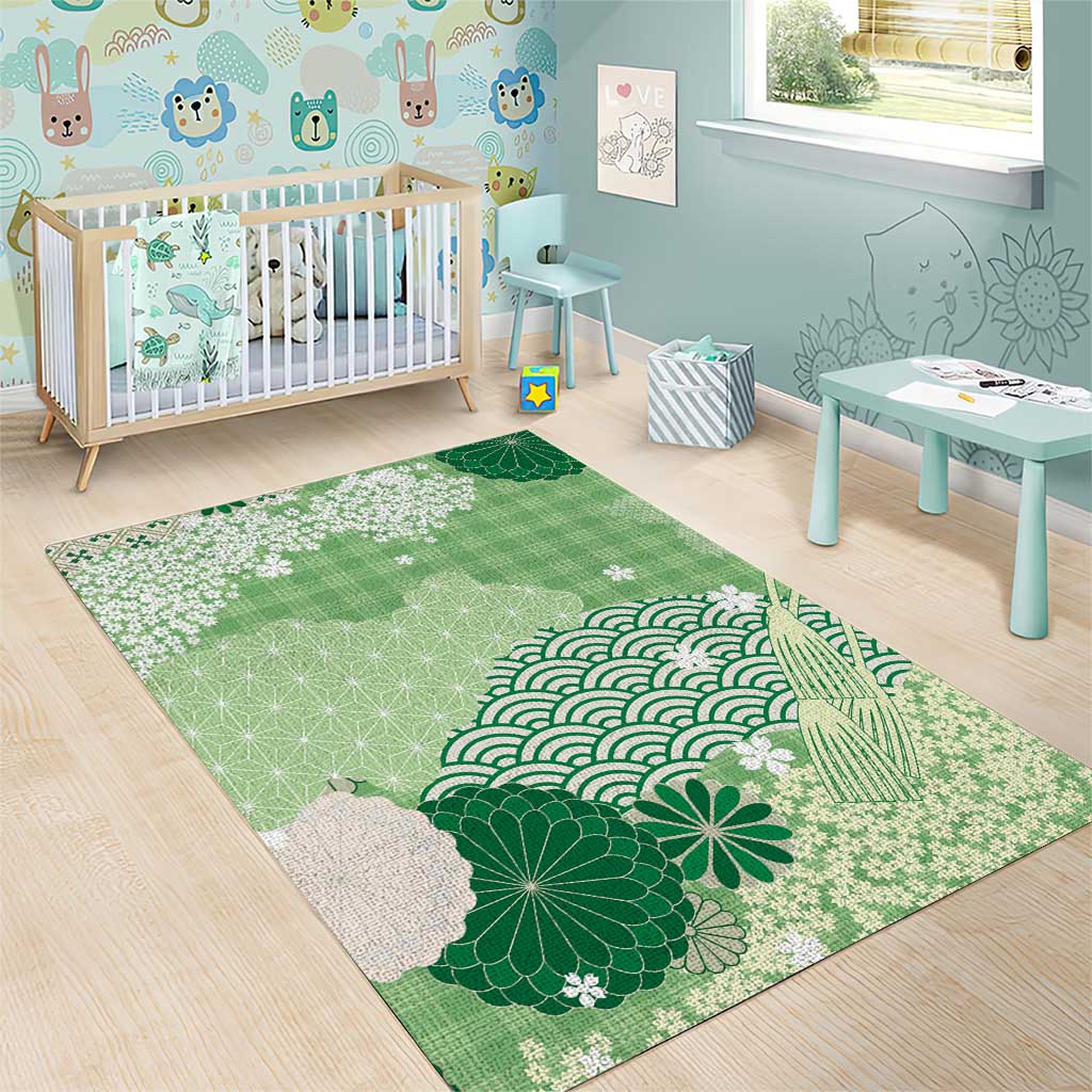Green Palaka Japanese Patterns Area Rug Asanoha Seigaiha Sakura Motif - Polynesian Pride