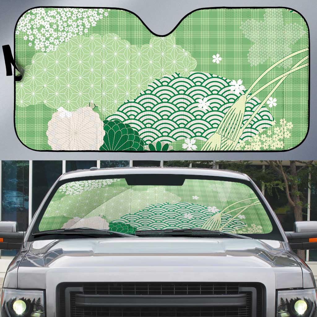 Green Palaka Japanese Patterns Auto Sun Shade Asanoha Seigaiha Sakura Motif - Polynesian Pride
