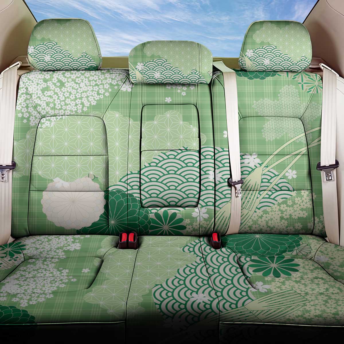 Green Palaka Japanese Patterns Back Car Seat Cover Asanoha Seigaiha Sakura Motif - Polynesian Pride
