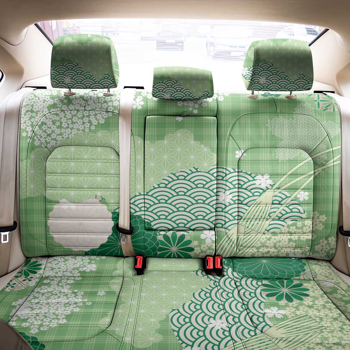Green Palaka Japanese Patterns Back Car Seat Cover Asanoha Seigaiha Sakura Motif - Polynesian Pride