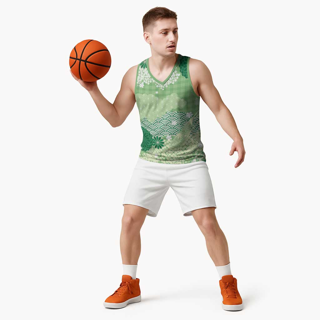 Green Palaka Japanese Patterns Basketball Jersey Asanoha Seigaiha Sakura Motif - Polynesian Pride
