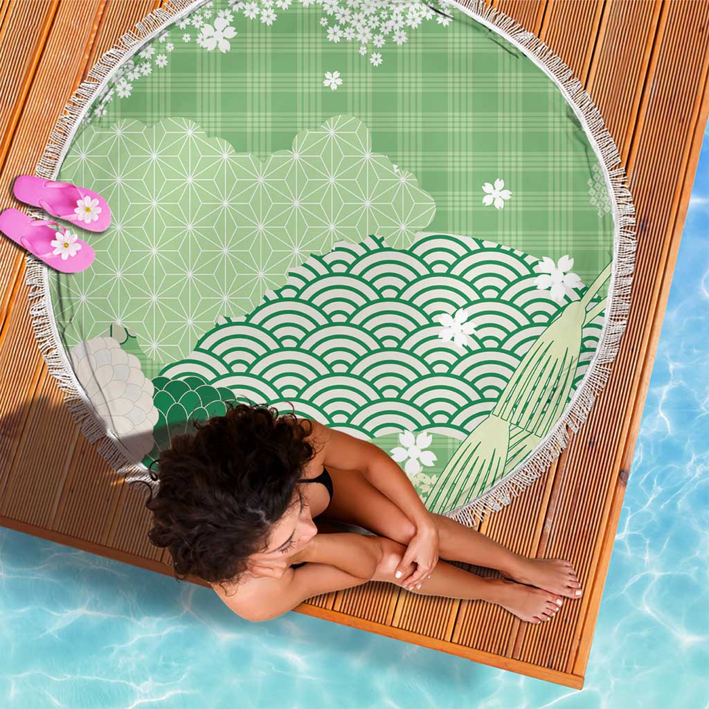 Green Palaka Japanese Patterns Beach Blanket Asanoha Seigaiha Sakura Motif - Polynesian Pride