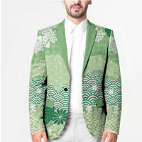 Green Palaka Japanese Patterns Blazer Asanoha Seigaiha Sakura Motif - Polynesian Pride