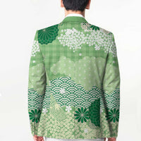 Green Palaka Japanese Patterns Blazer Asanoha Seigaiha Sakura Motif - Polynesian Pride