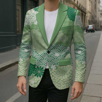 Green Palaka Japanese Patterns Blazer Asanoha Seigaiha Sakura Motif - Polynesian Pride