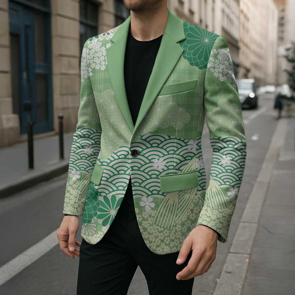 Green Palaka Japanese Patterns Blazer Asanoha Seigaiha Sakura Motif - Polynesian Pride