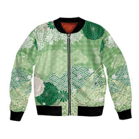 Green Palaka Japanese Patterns Bomber Jacket Asanoha Seigaiha Sakura Motif - Polynesian Pride
