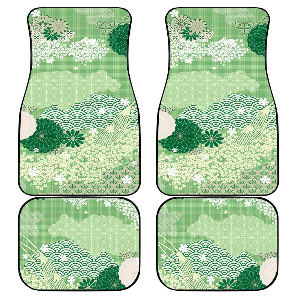 Green Palaka Japanese Patterns Car Mats Asanoha Seigaiha Sakura Motif - Polynesian Pride
