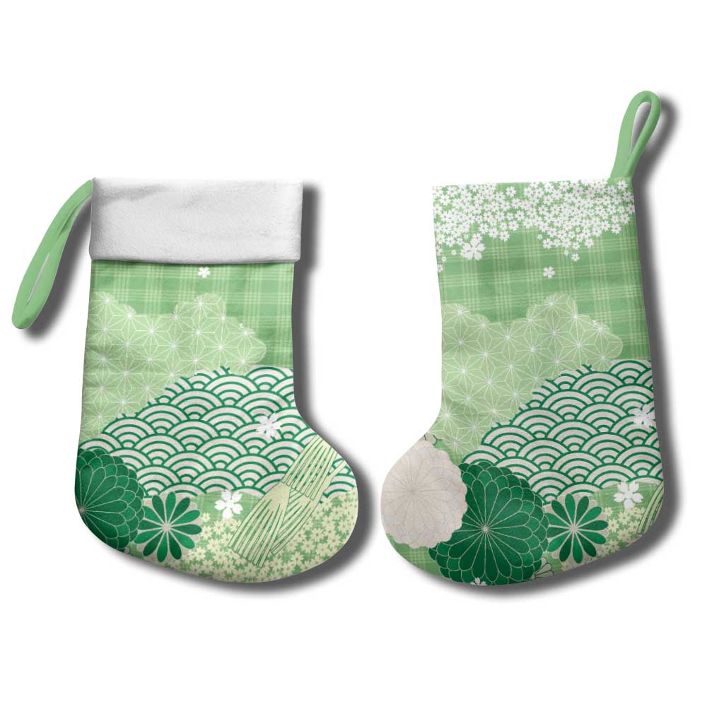 Green Palaka Japanese Patterns Christmas Stocking Asanoha Seigaiha Sakura Motif - Polynesian Pride