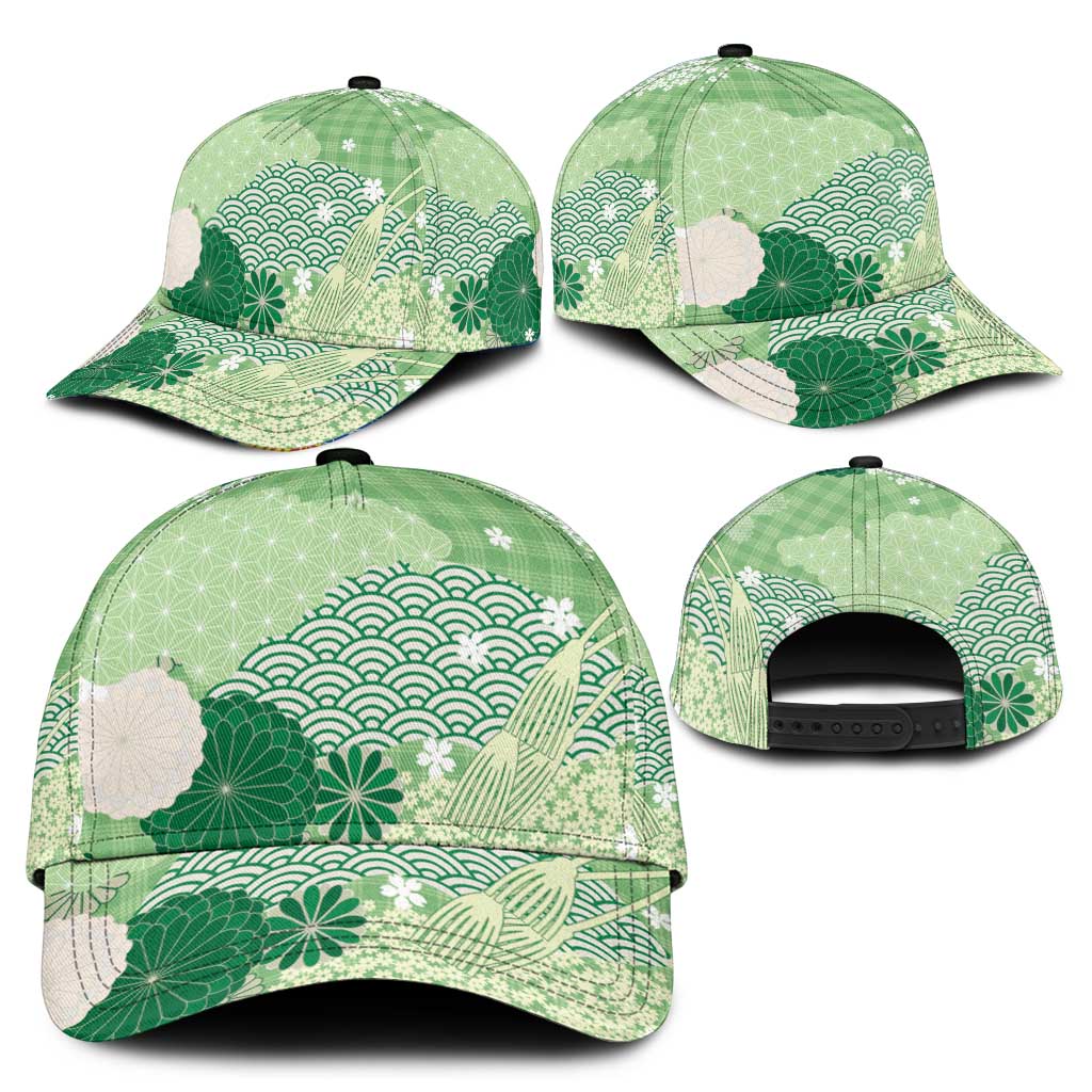 Green Japanese Traditional Motifs Classic Cap Palaka With Asanoha Seigaiha Sakura - Polynesian Pride