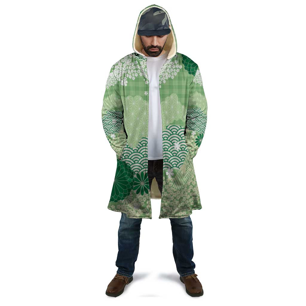 Green Palaka Japanese Patterns Cloak Asanoha Seigaiha Sakura Motif - Polynesian Pride