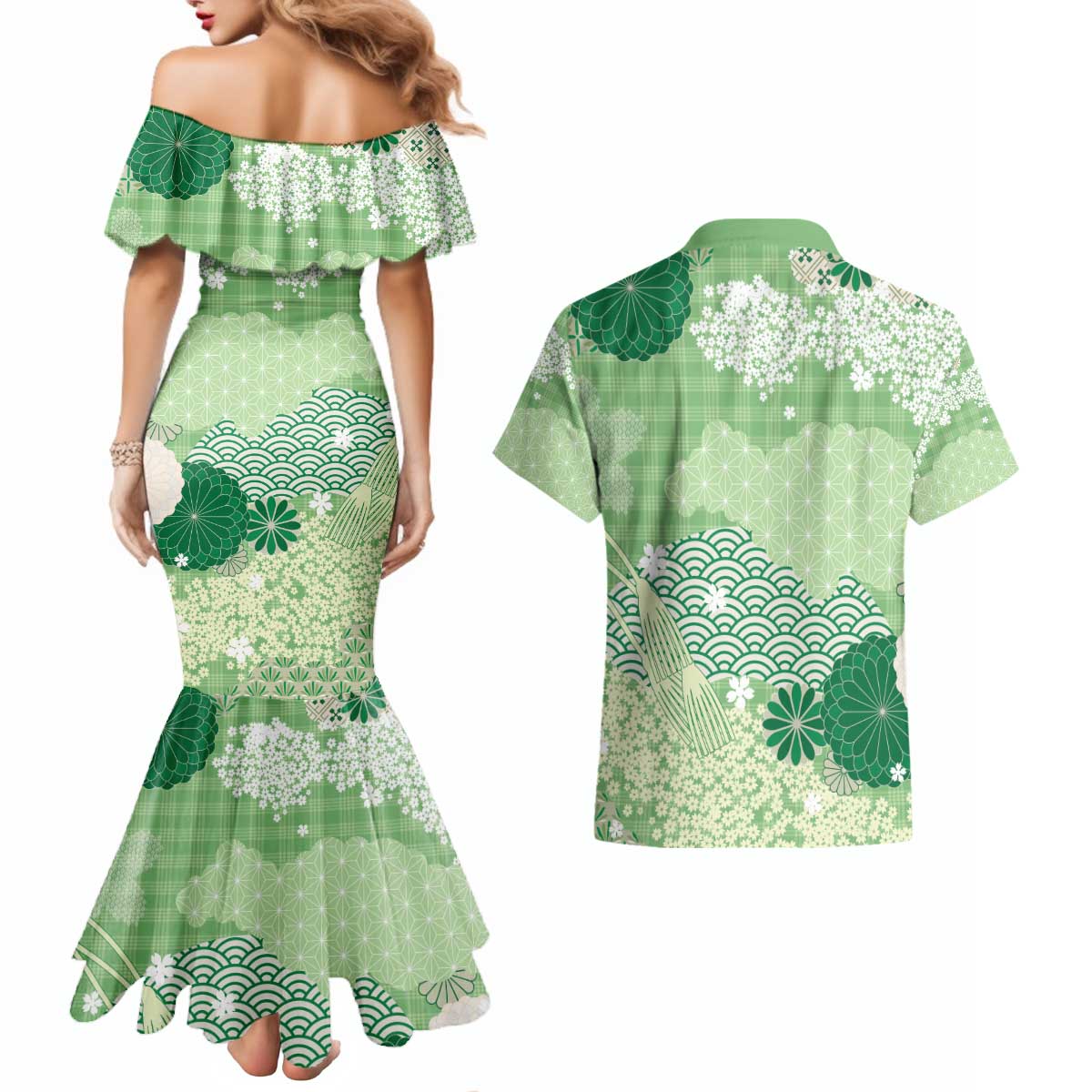 Green Palaka Japanese Patterns Couples Matching Mermaid Dress and Hawaiian Shirt Asanoha Seigaiha Sakura Motif LT14 - Polynesian Pride