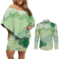 Green Palaka Japanese Patterns Couples Matching Off Shoulder Short Dress and Long Sleeve Button Shirt Asanoha Seigaiha Sakura Motif LT14 Green - Polynesian Pride