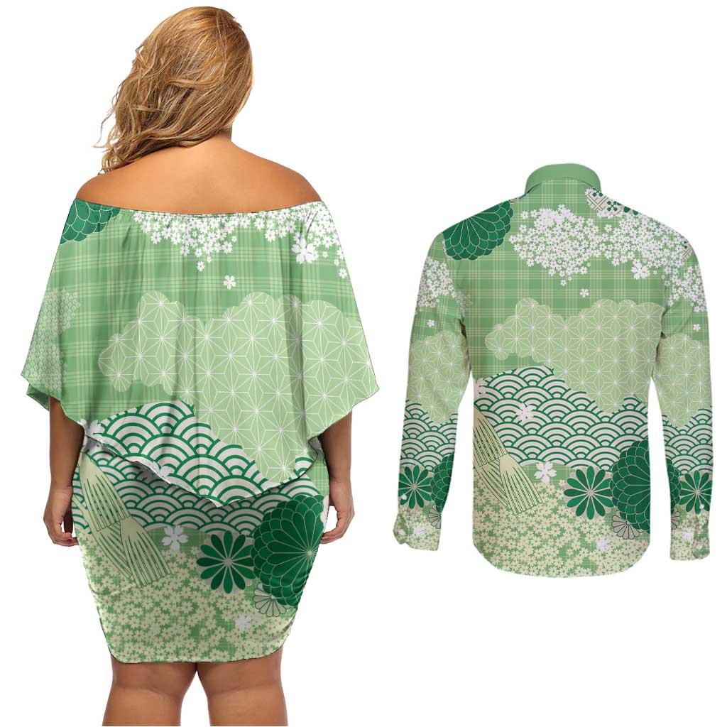 Green Palaka Japanese Patterns Couples Matching Off Shoulder Short Dress and Long Sleeve Button Shirt Asanoha Seigaiha Sakura Motif LT14 - Polynesian Pride