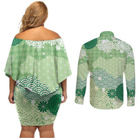 Green Palaka Japanese Patterns Couples Matching Off Shoulder Short Dress and Long Sleeve Button Shirt Asanoha Seigaiha Sakura Motif LT14 - Polynesian Pride