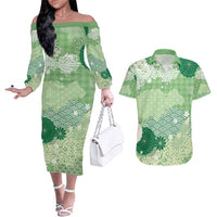 Green Palaka Japanese Patterns Couples Matching Off The Shoulder Long Sleeve Dress and Hawaiian Shirt Asanoha Seigaiha Sakura Motif - Polynesian Pride