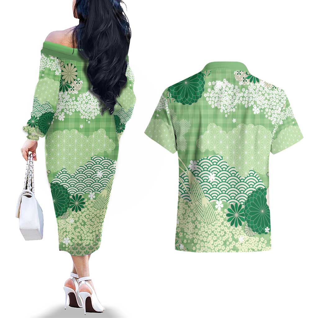 Green Palaka Japanese Patterns Couples Matching Off The Shoulder Long Sleeve Dress and Hawaiian Shirt Asanoha Seigaiha Sakura Motif - Polynesian Pride