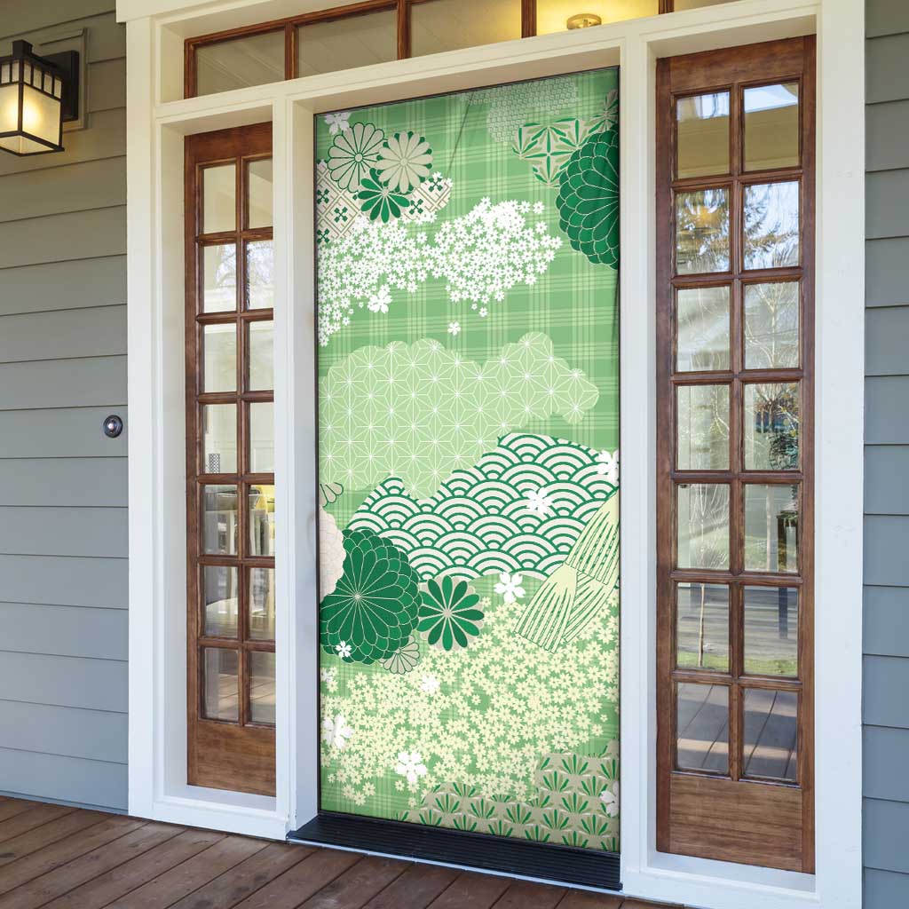 Green Palaka Japanese Patterns Door Cover Asanoha Seigaiha Sakura Motif - Polynesian Pride