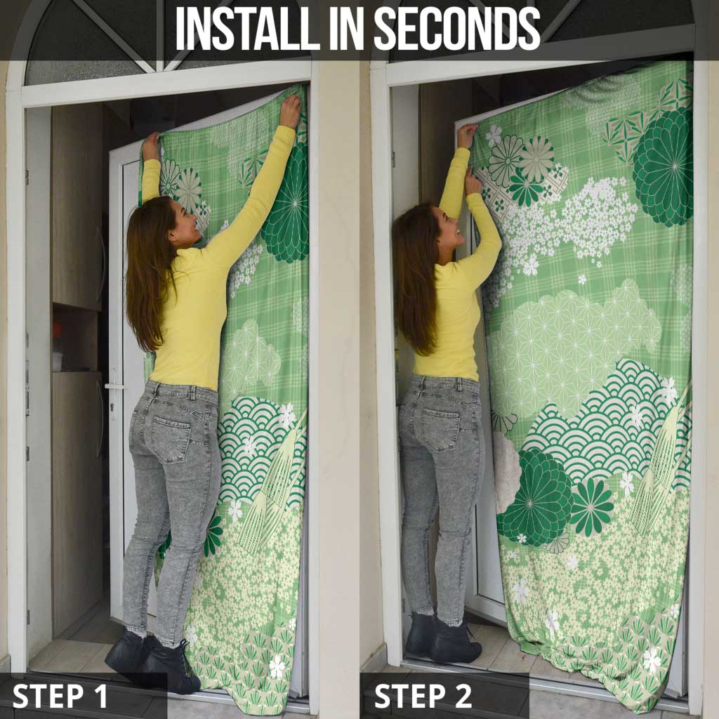 Green Palaka Japanese Patterns Door Cover Asanoha Seigaiha Sakura Motif - Polynesian Pride